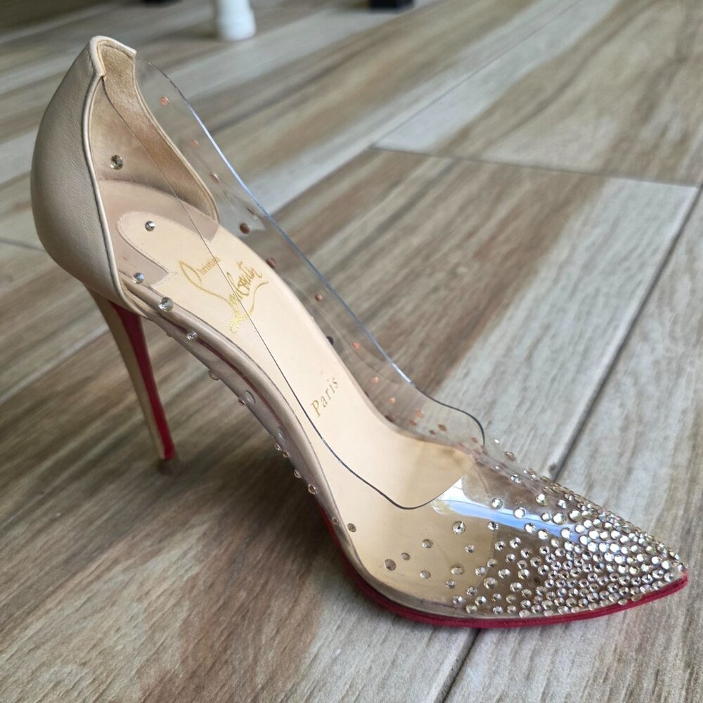 Christian Louboutin Degrastrass Nude & PVC Embellished Crystal Shoe Eur.37 - Picture 4 of 16